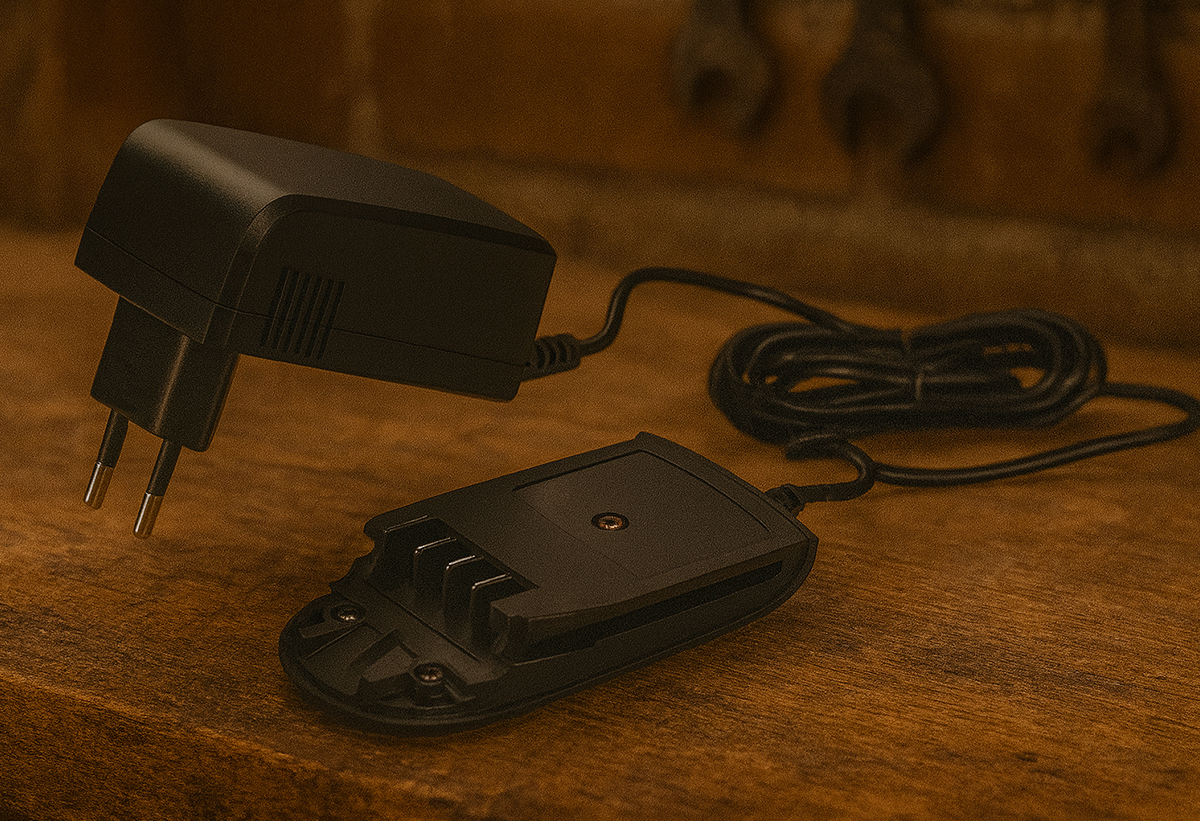 Απεικονίζεται ο φορτιστής πάνω σε πάγκο.